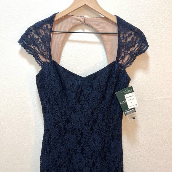 $398 RALPH LAUREN Lace & Floral Print Navy Blue Dress Gown – Size 8 / Medium - Picture 2 of 10